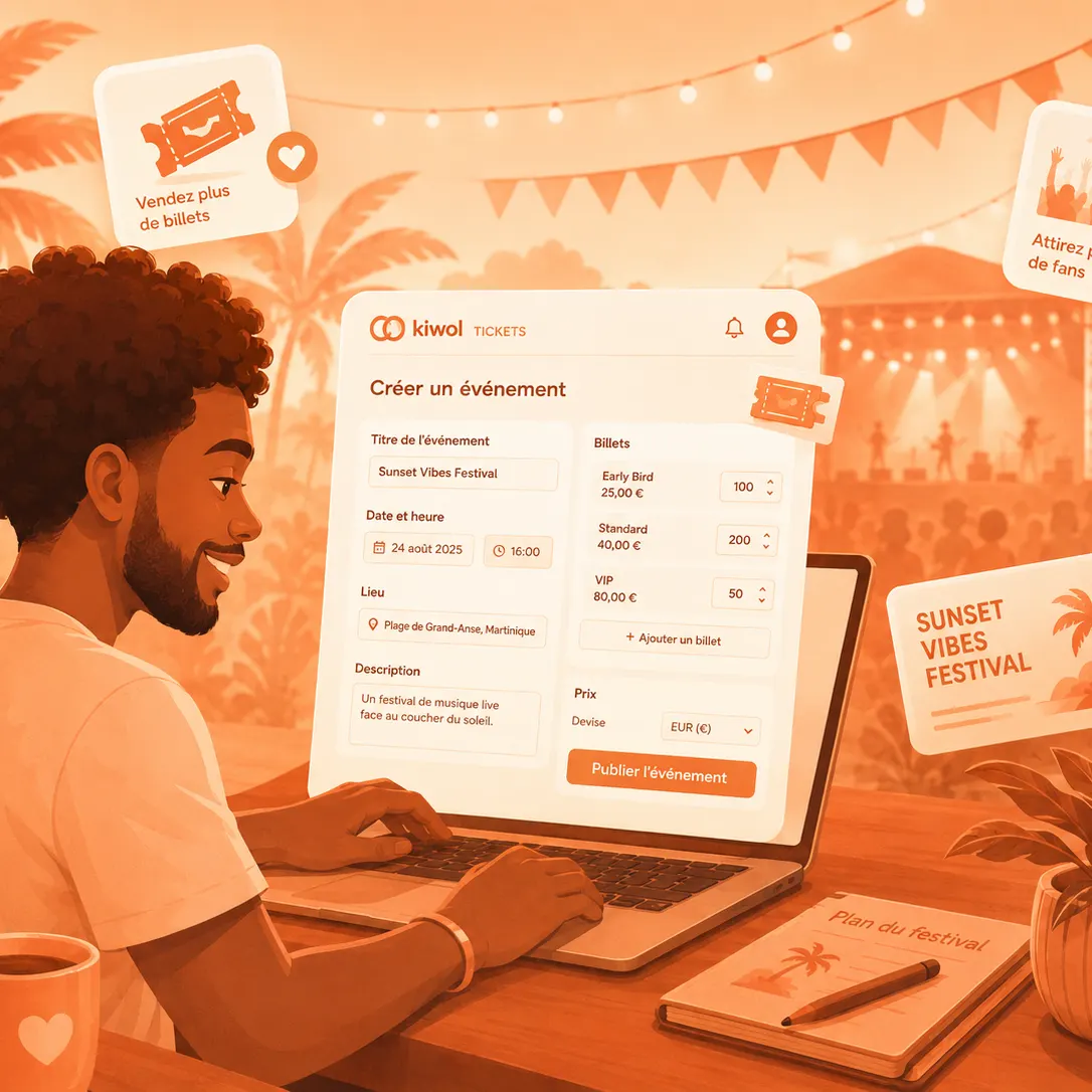 Interface Kiwol Tickets : création d'événement, catégories de billets, QR code