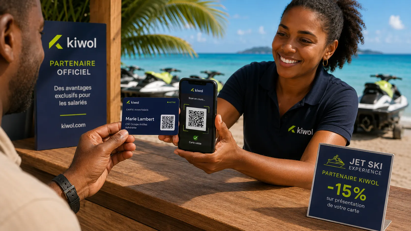 Un partenaire scanne la Carte Kiwol Avantages d'un adhérent