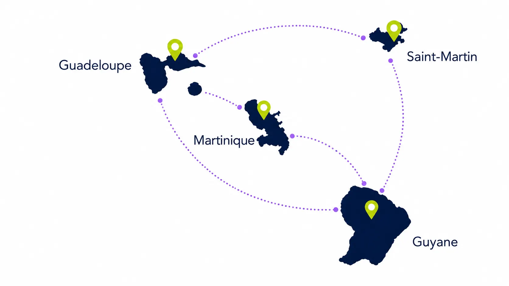 Carte de la Guadeloupe, la Martinique, Saint-Martin et la Guyane, où Kiwol est présent